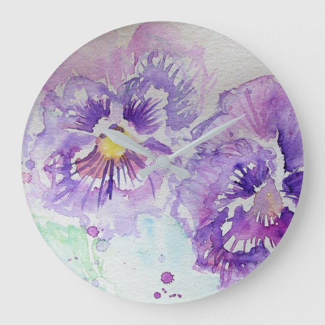Relógio Grande Pansy Pansel Watercolor Flor Wall Clock (Frente)