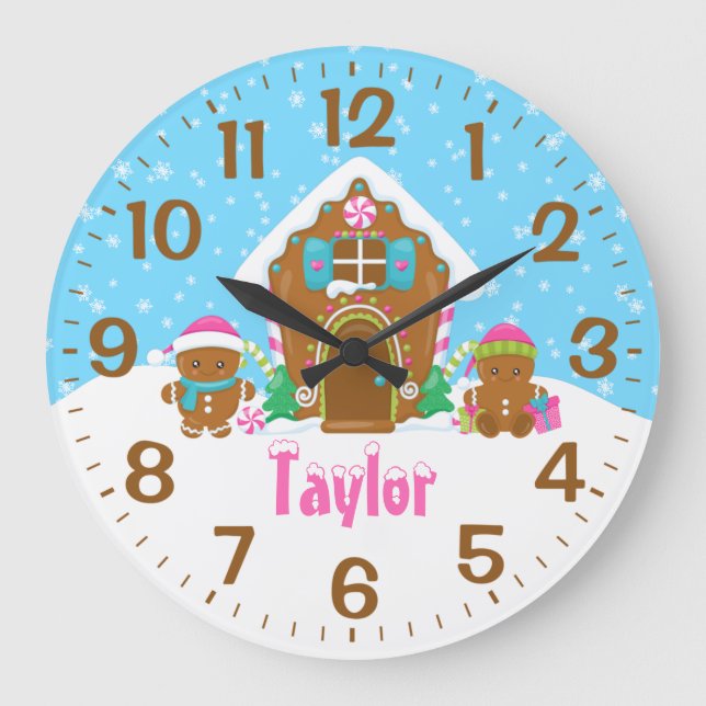 Relógio Grande Pão de gengibre Casa Rosa e Azul (Frente)