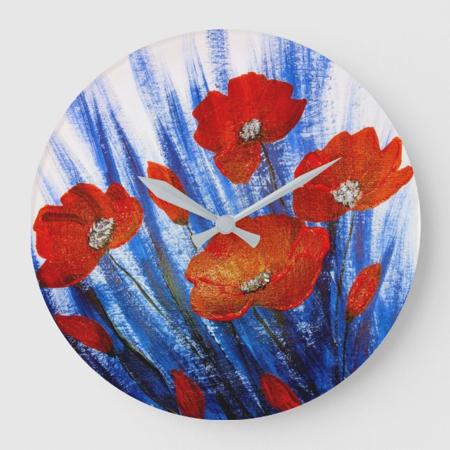 Relógio Grande Papagaios vermelhos na grama azul (Frente)