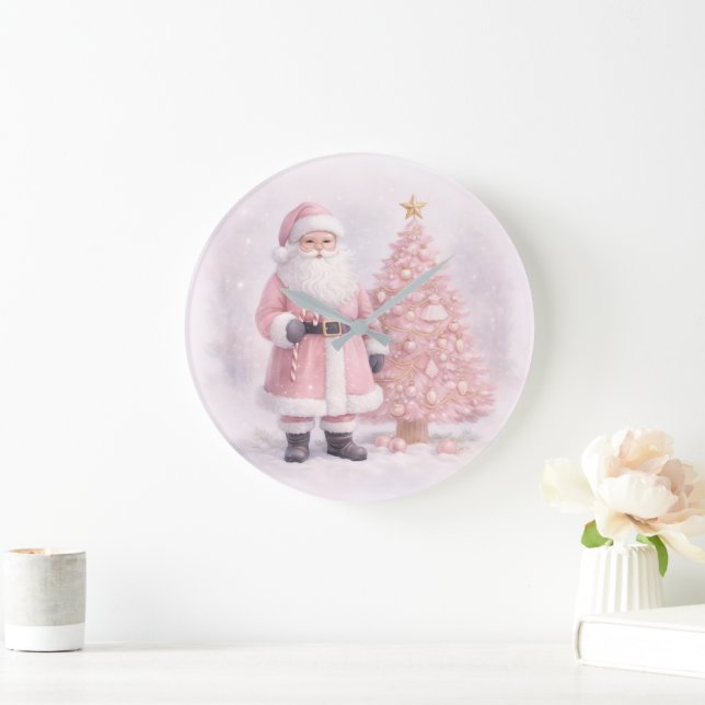 Relógio Grande Papai Noel de Natal Rosa Pastel (Lar)