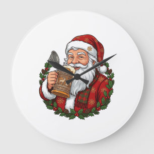 Relógio Grande Papai Noel de Natal segurando copo de cerveja
