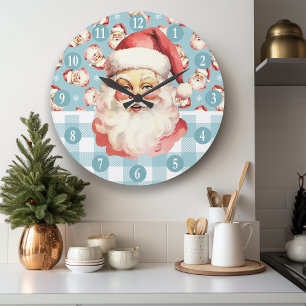 Relógio Grande Papai Noel Retrô Xadrez Azul e Branco Natal