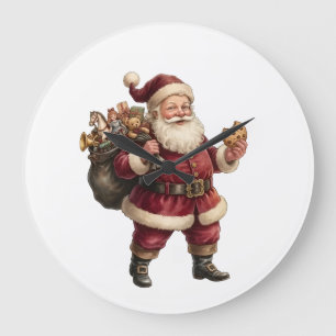 Relógio Grande Papai Noel Vintage com Saco de Brinquedos e Doce D