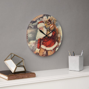 Relógio Grande Papai Noel Vitoriano de Natal Antigo na Chaminé