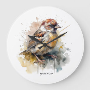 Relógio Grande Pardal Aquarela Rústico, personalizado
