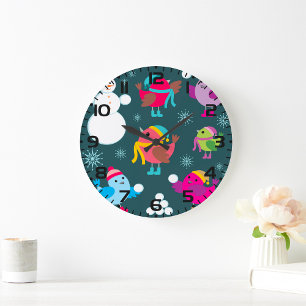 Relógio Grande Pássaros de inverno brincando em neve com boneco d