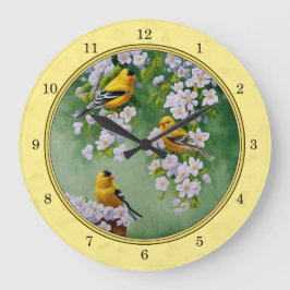 Relógio Grande Pássaros Goldfinch e Blossomas de Maçã Amarelos