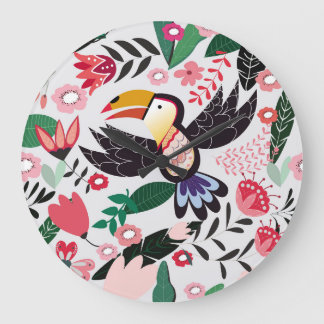 Relógio Grande Pássaros tropicais, padrão de rabiscos florais.