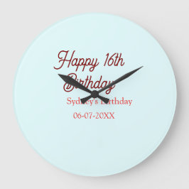 Relógio Grande Pastel blue red happy 16th birthday name date eleg