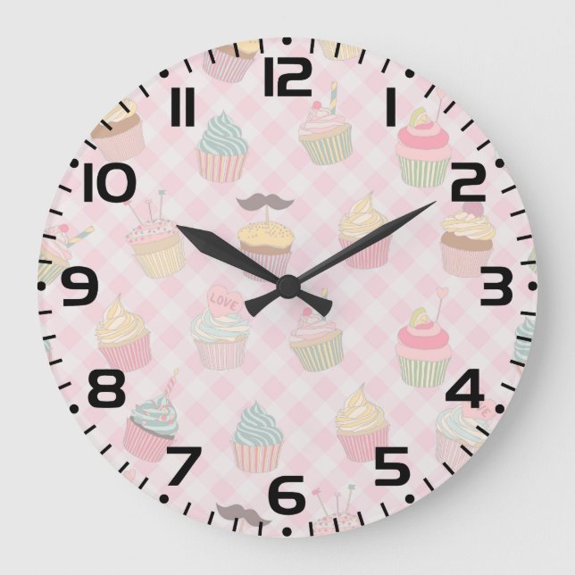 Relógio Grande Pastel Pink Gingham Cute Cupcakes Pattern (Frente)