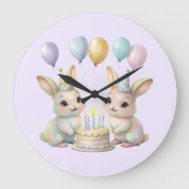 Relógio Grande Pastel Whimsical Bunny Twins Birthday wall clock