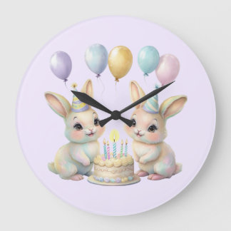 Relógio Grande Pastel Whimsical Bunny Twins Birthday wall clock