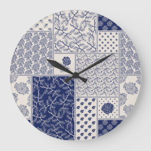 Relógio Grande Patchwork Floral do Indigo Blue Beige