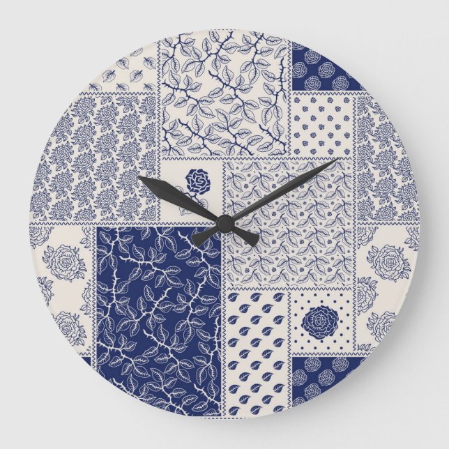 Relógio Grande Patchwork Floral do Indigo Blue Beige (Frente)