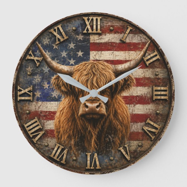 Relógio Grande Patriotic Highland Cow American Flag Rustic  (Frente)