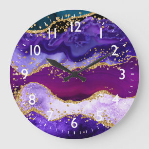 Relógio Grande Pavão Roxo e Azul Falso Brilho Ágata