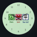 Relógio Grande Peace Love Disk Golf<br><div class="desc">Um presente fofo de relógio de golfe de disco com um sinal de paz,  coração e cestos de golfe de disco usados por um golfista.</div>