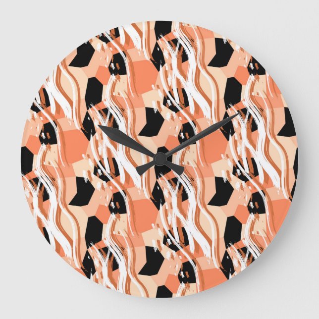 Relógio Grande Peach Black White Abstrato Pattern. (Frente)