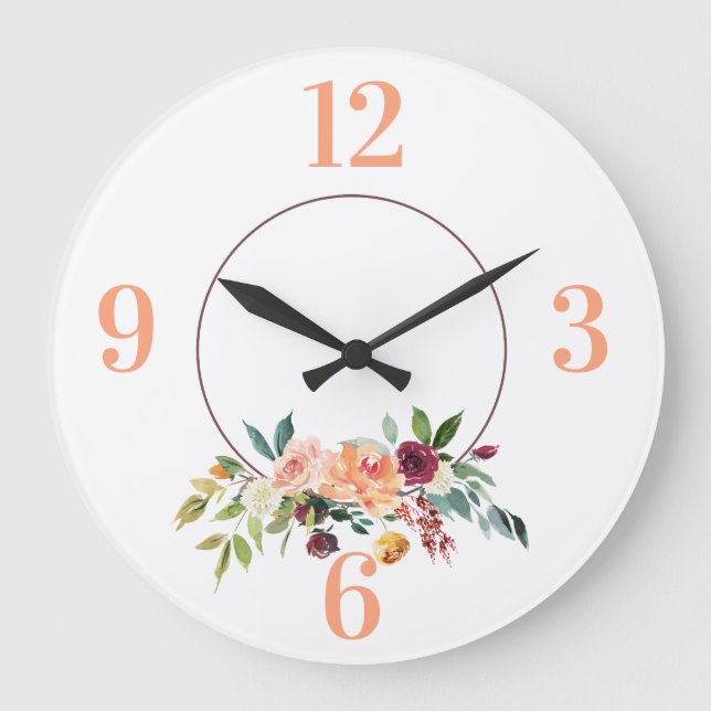 Relógio Grande Peach Floral Frame Acrywall Clock (Frente)