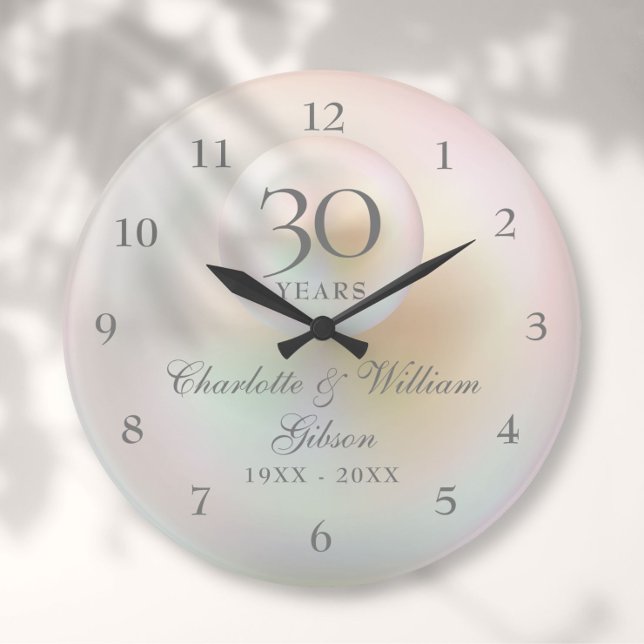 Relógio Grande Pearl Elegante de Aniversário de Casamento de 30 (30th Wedding Anniversary Elegant Pearl Large Clock)