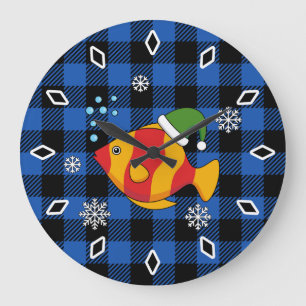 Relógio Grande Peixe de Natal Tropical Desenho Animado em Padrão 