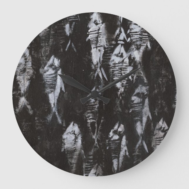 Relógio Grande Peixes Brancos Fósseis em Fundo Negro (Frente)