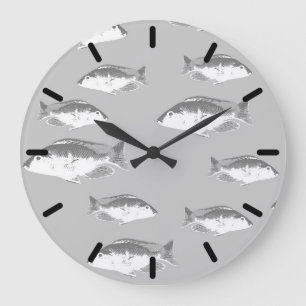 Relógio Grande Peixes de cinza monocromática