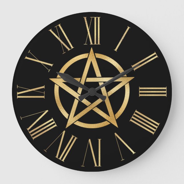 Relógio Grande Pentagrama Preto e Dourado (Frente)