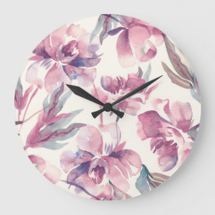 Relógio Grande Pêonias aquáticas: fundo floral sem costura.