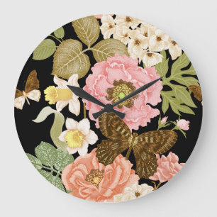 Relógio Grande Peônias de Rosas Vintage: Padrão Floral Preto
