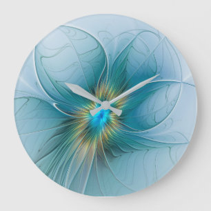 Relógio Grande Pequena Beleza Arte Fractal Flor Azul Moderno Dour