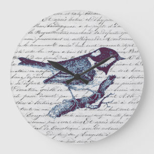 Relógio Grande Pequeno Pássaro Azul Bonito Vintage Script Francês