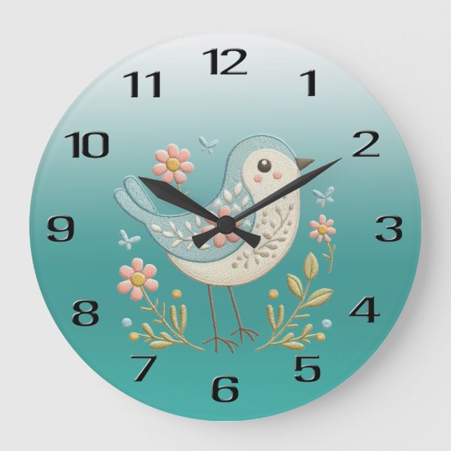 Relógio Grande Pequeno Pássaro Floral Bordado Verde Clock (Frente)