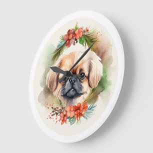 Relógio Grande Pequinês Grinalda de Natal Cachorrinho Festivo