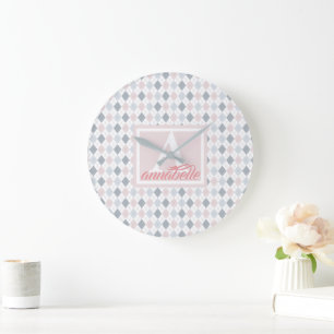 Relógio Grande Personalizado Rosa, Azul e Branco