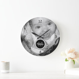 Relógio Grande Personalizar o Monograma de Fotos em Branco Preto