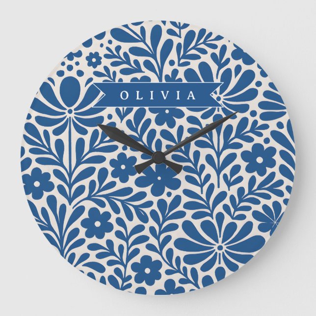 Relógio Grande Personalized Blue Folk Floral Nordic Custom (Frente)