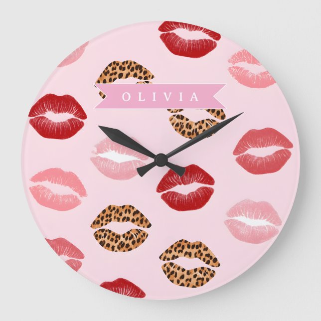 Relógio Grande Personalized Chic Pink Leopart Print Lip Pattern (Frente)