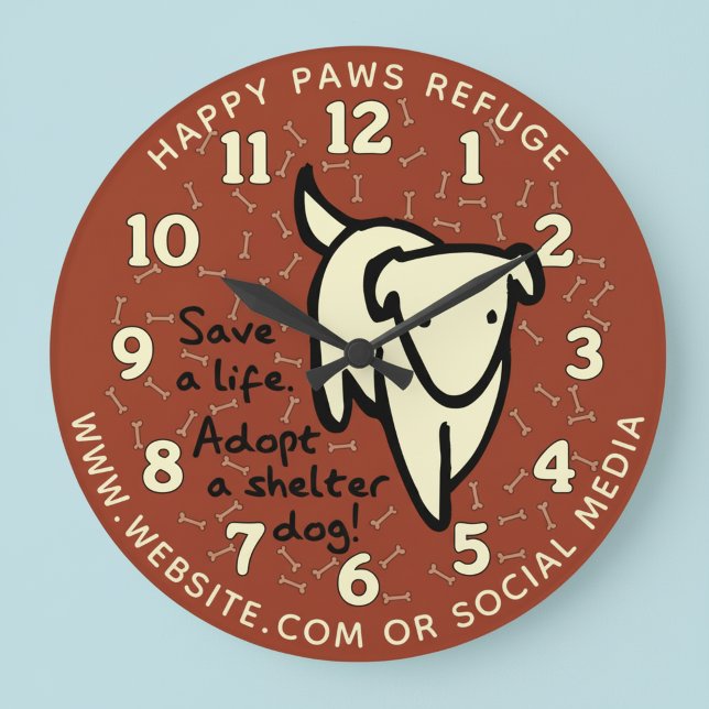 Relógio Grande Personalized Dog Shelter Wall Clock (Save a life. Adopt a shelter dog! Pet rescue wall clock.)