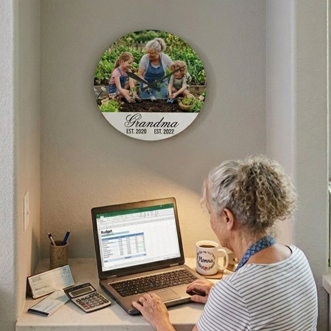 Relógio Grande Personalized Grandma Established Photo Keepsake (Personalized Grandma Established Photo Keepsake Large Clock)