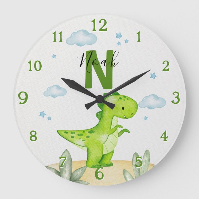 Relógio Grande Personalized Green Dinosaur Nursery Large Clock (Frente)