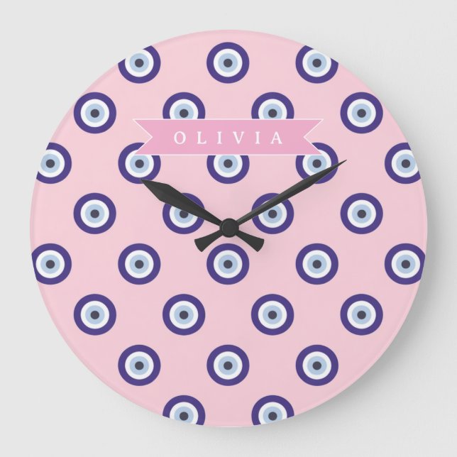 Relógio Grande Personalized Pink Evil Eye Pattern Gifts With Name (Frente)