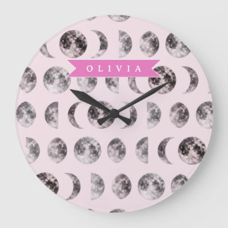 Relógio Grande Personalized Pink Moon Phase Celestial Name Gift