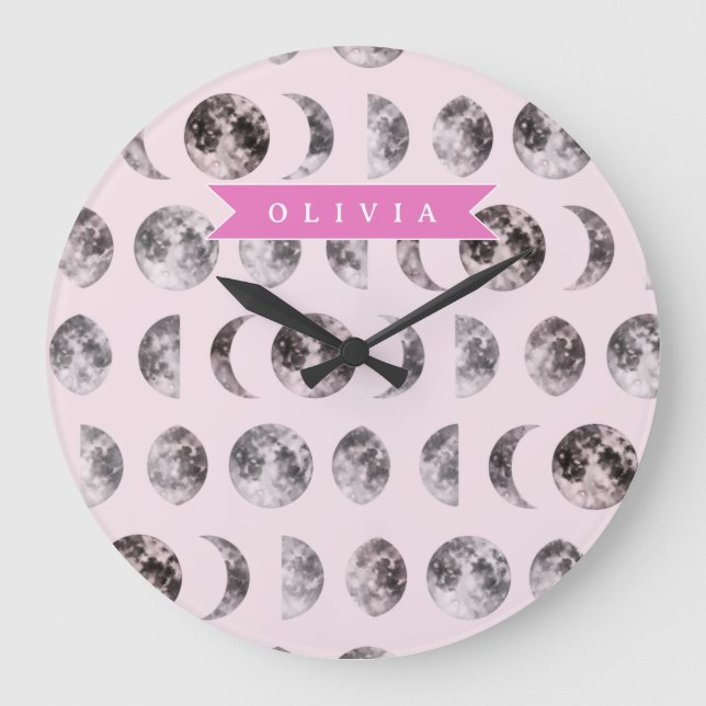 Relógio Grande Personalized Pink Moon Phase Celestial Name Gift (Frente)