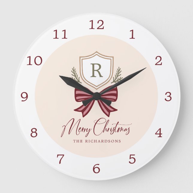 Relógio Grande Personalized Rustic Monogram Crest Bow Christmas  (Frente)