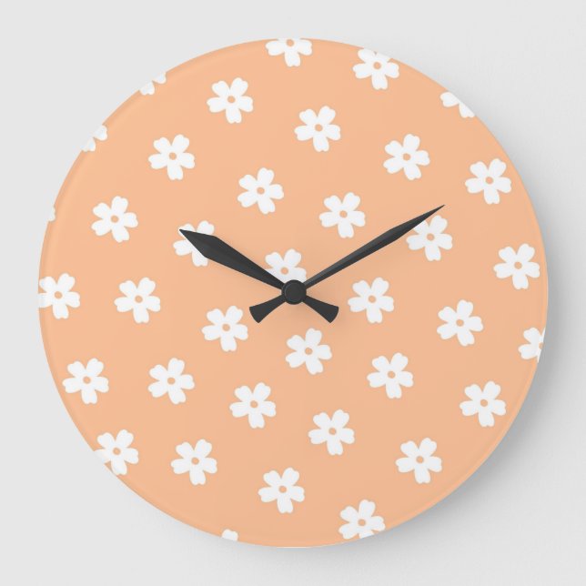 Relógio Grande Pêssego Branco e Retro Floral Branco, Cheio (Frente)