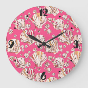 Relógio Grande Pêssego, conchas cor-de-rosa, fundo rosa-coral
