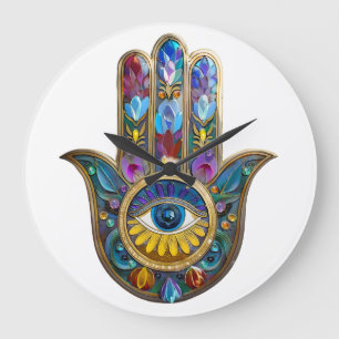 Relógio Grande Pétalas Coloridas Folhas Hamsa Safira Terceiro Olh