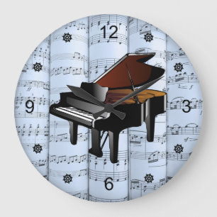 Relógio Grande Piano ~ Folha Rolada Música ~ Tinta Azul Fundo