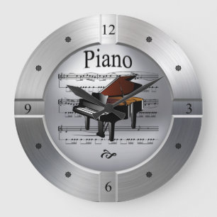 Relógio Grande Piano~Música em Folha~Cor de Prata Bruta~Exclusiv